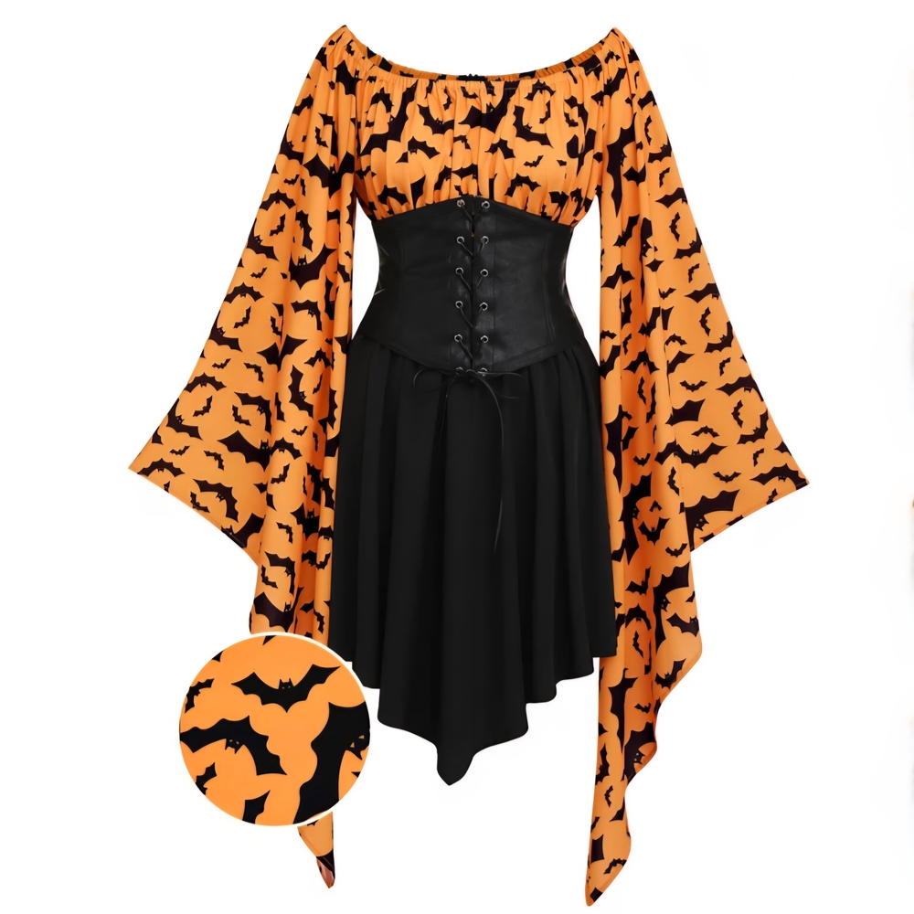 Orange and Black Long Sleeve Dress with Bat Pattern Sz. Med